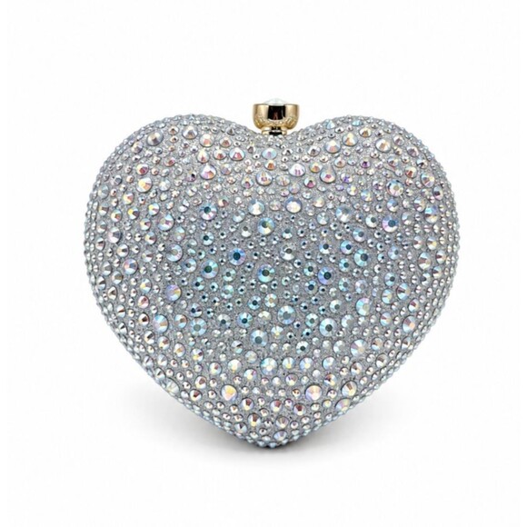 Handbags - Silver Crystal Heart Clutch Bag Gold Handle Formal Evening Cocktail Purse NEW